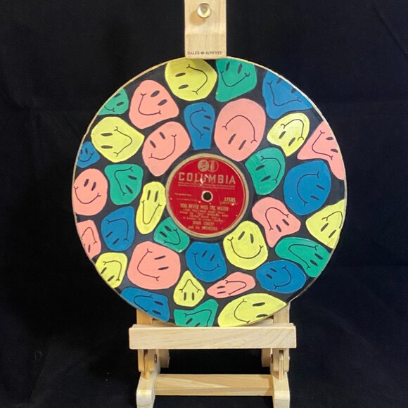 Hand painted Record -Happy Faces  -1of1-  by BadAsh -Unique Decor - Picture 1 of 1